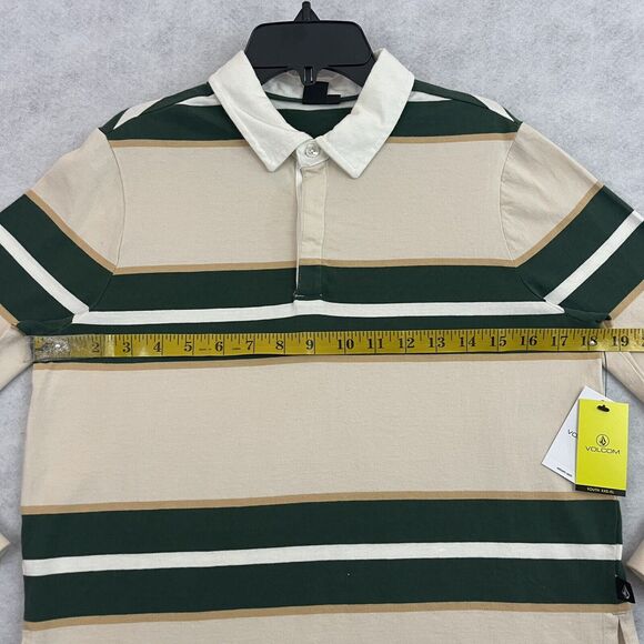 Volcom Volarco Long Sleeve Polo Shirt L 100% Cotton Boxy Striped Cream Green - Picture 5 of 12